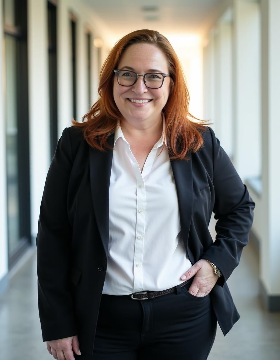 founder woman with red hair and glasses, wearing a black blazer, white button-down shirt, and black pants, standing in a brightly lit office hallway.