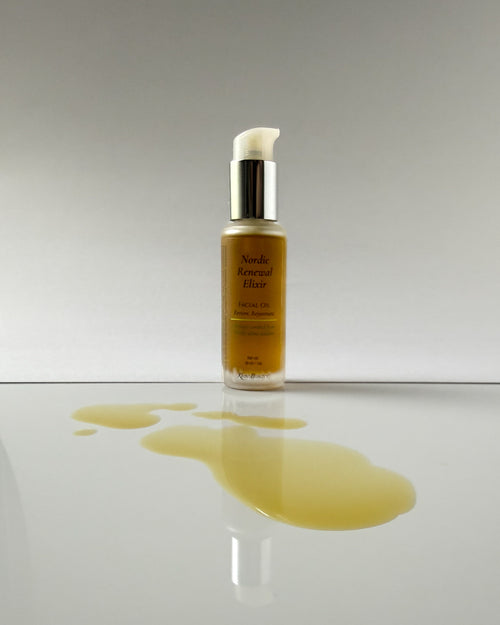 Kasvi Beauty Nordic Renewal Elixir Facial Oil bottle showing golden color of the oil on white background