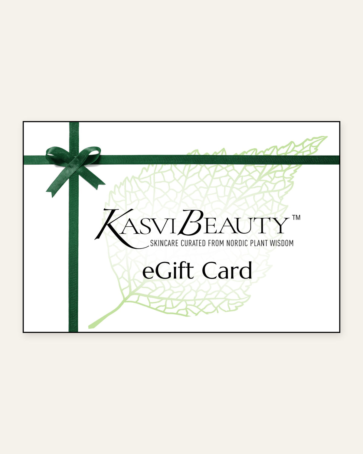 Kasvi Beauty eGift Card with a pale birch leaf and green ribbon, Nordic botanical skincare gift