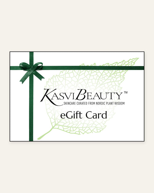 Kasvi Beauty eGift Card with a pale birch leaf and green ribbon, Nordic botanical skincare gift